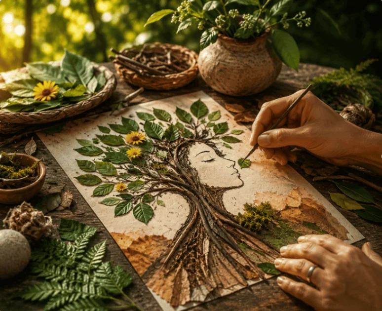 Mãos que despertam a leveza do bruto:
                                papelão, natureza e arte